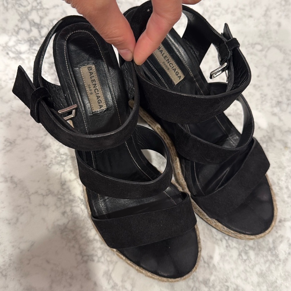 Balenciaga black suede wedge sandals